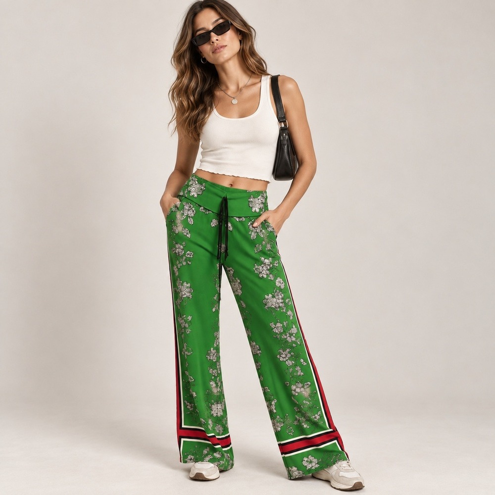 Eva Varro Palazzo Pants Women S Green Floral Red Stripe Wide Leg Made in USA